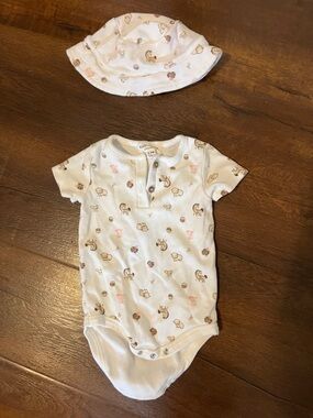 Rabbit + Bear Set- Short-Sleeve One-Piece with Hat in Cream Animal Print